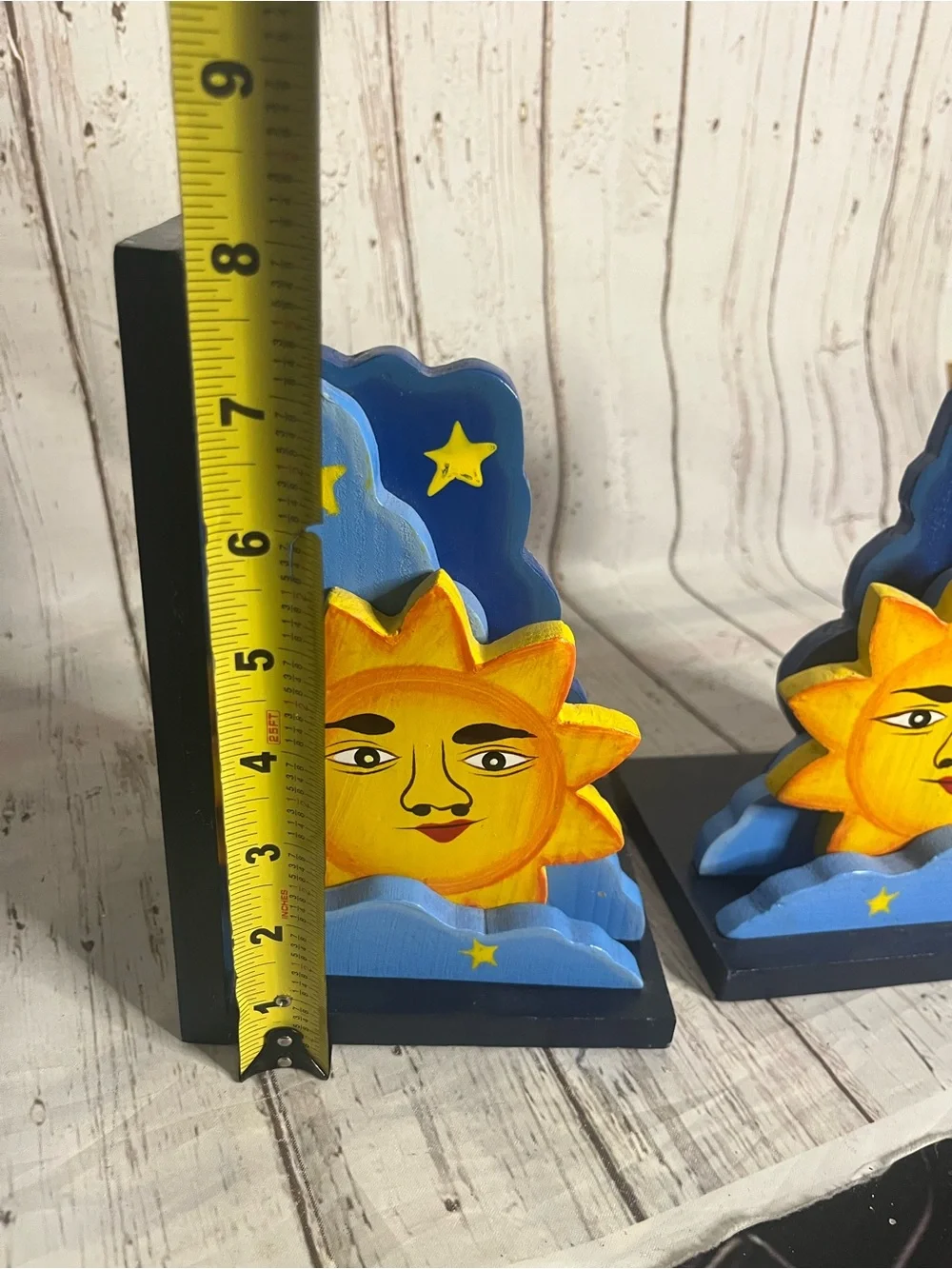 Vintage Celestial Folk Art Hand Painted Sun & Star Wood Bookends